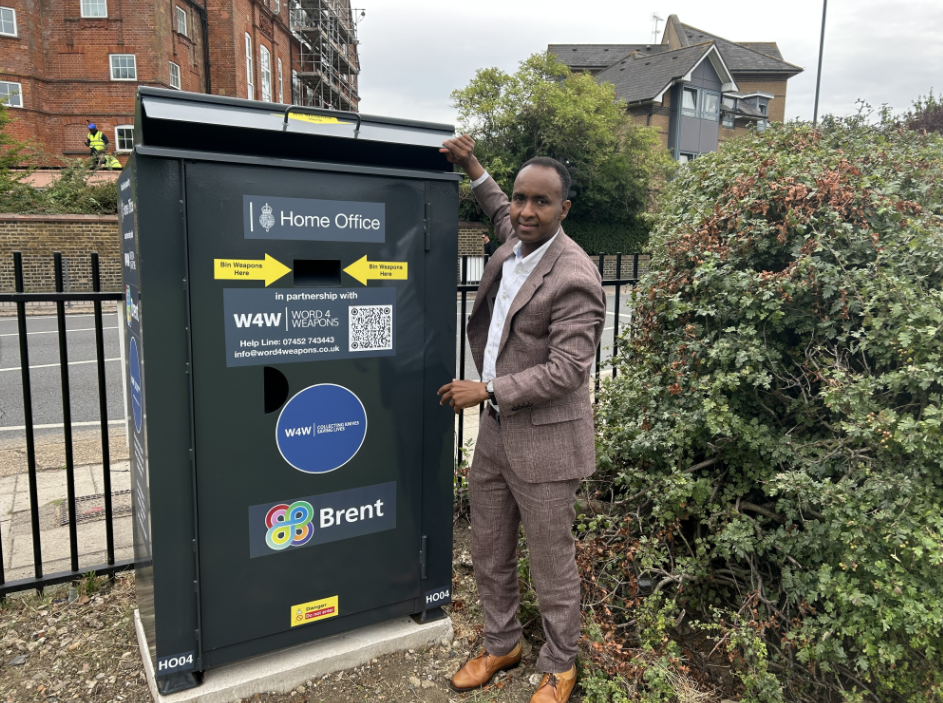 Cllr Harbi Farah at ninja sword amnesty bin