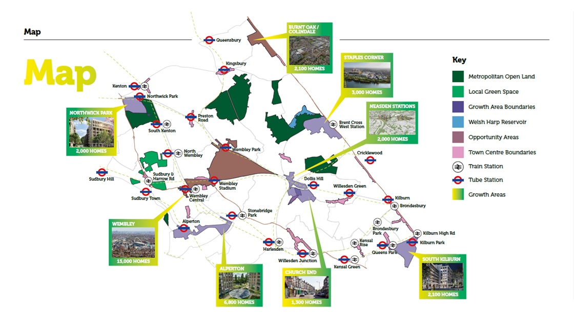 Map of Regeneration growth areas. Map shows •	Burnt Oak and Colindale 2,100 homes. •	Staples Corner 2,200 homes •	Neasden Stations 2,000 homes •	Church End 1,300 homes •	South Kilburn 2,100 homes •	Alperton 6,800 homes •	Wembley 15,000 homes •	Northwick Park 2,000 homes
