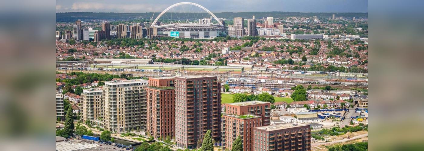Alperton growth areas, mayor of London, housing, blocks of flats and the Wembley arch in the background