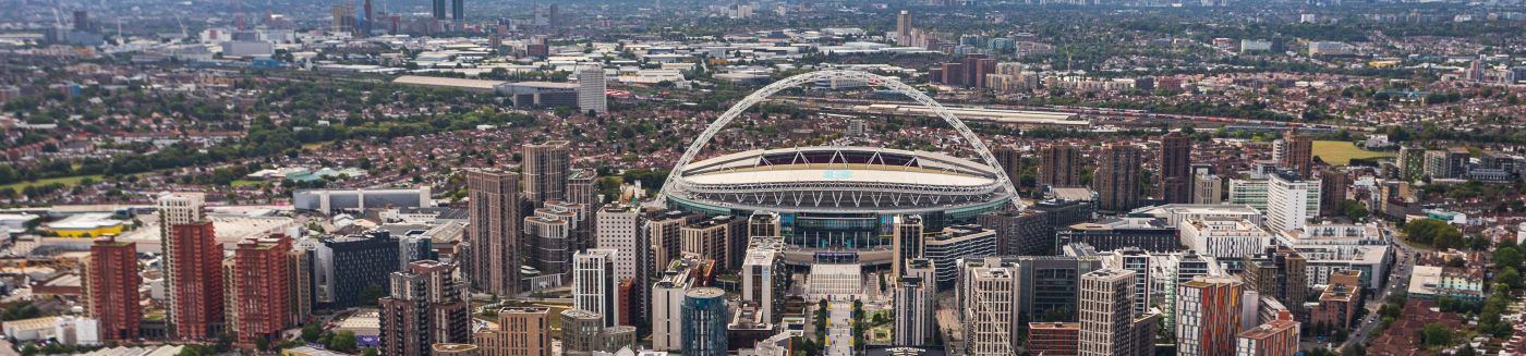 banner showing aerial view of Wembley 
