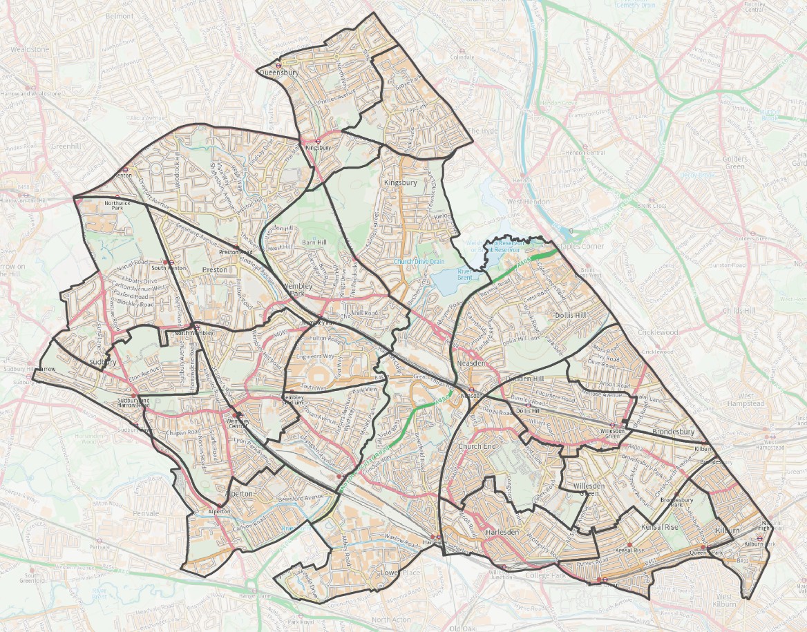 A map of Brent, outlining each of the wards