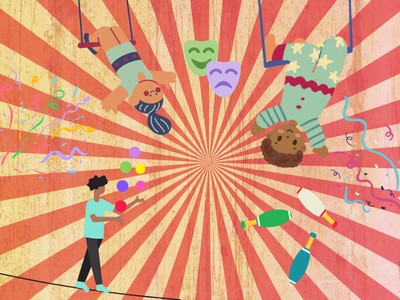 Colourful illustration featuring children doing circus skills 