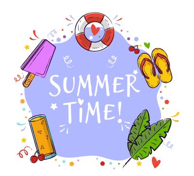 Image with text saying summer time and images of summer related items such as flip flops, a drink, ice lolly and leaves
