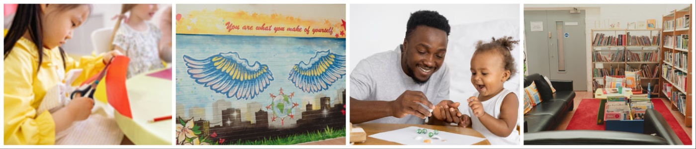 collage of images showing children and adults and inside of Best Start Family Hubs