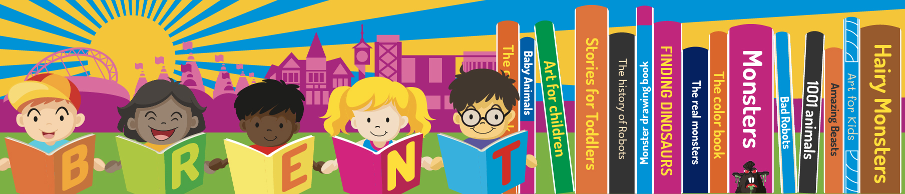 Summer fun festive banner with children and books